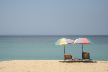 Beach chairs, umbrella and palms on sandy beach near sea. island in Phuket