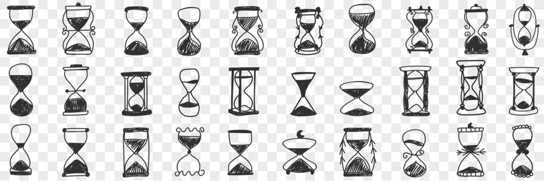 Hourglasses in rows doodle set. Collection of hand drawn various hourglasses with sand symbol of time isolated on transparent background