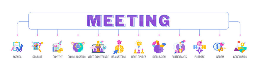 Meeting banner with color icons. Teamwork, working, meeting and management.