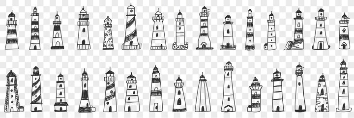 Lighthouse buildings in sea doodle set. Collection of hand drawn various facades of lighthouse buildings in sea or ocean shining lights isolated on transparent background © drawlab19