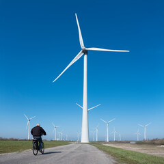 Fototapeta na wymiar wind turbines under blue sky on philipsdam in dutch province of Zeeland