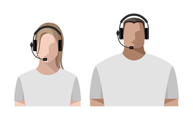 Operators are young men and women online, wearing headphones with a microphone, headset. Call center concept or support service. Color avatars, isolated vector illustrations