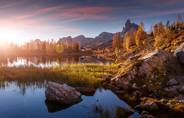 Fantastic Vivid nature landscape. Scenic image of Federa lake during sunset. Popular travel and...