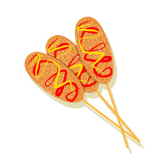 Korean street food, Korean traditional food, Asian food, hot hot dog on a stick with ketchup and mustard