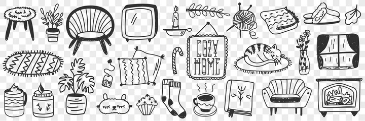 Cozy home accessories doodle set. Collection of hand drawn various furniture chairs candles picture socks knitting tea cat and plants isolated on transparent background © drawlab19