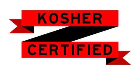 Vintage red color ribbon banner with word kosher certified on white background