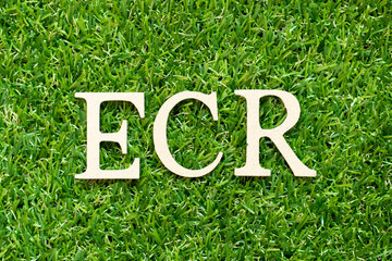 Alphabet letter in word ECR (Abbreviation of Efficient Consumer Response, Early Career Researcher, Engine control room) on green grass background