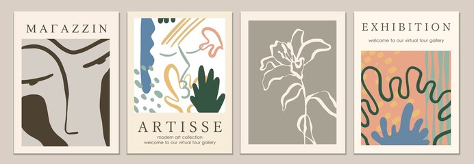 Fototapeta na wymiar Set of covers, brochures, posters, prints with hand drawn woman face, lily, abstract botanical shapes. Modern art style. Minimalistic contemporary stylish concept.