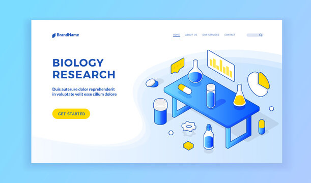 Biology research. Landinng wesite banner template. Vector isometric white blue design of home page offering information about biology research learning. Table with chemical flasks