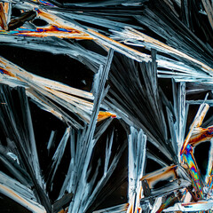 Colorful microscopic view of Epsom Salt or Magnesium Sulfate heptahydrate Crystals. Abstract background texture.  captured under polarized light with a microscope.