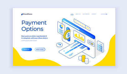 Payment options. Vector isometric illustration of credit card and coin inserted in website page. Web banner, landing page template