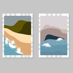 Set of posters with  minimalist landscape design. Seascape with mountains, sand, water. Modern design with art texture.