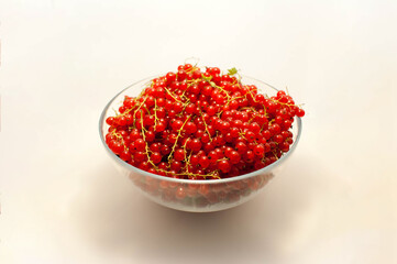 Large bowl of red currant with sprigs on a white background