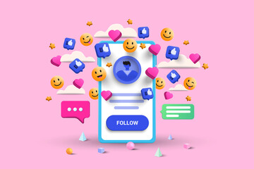 3D Social media platform, online social communication applications concept, emoji, hearts, chat and chart with smartphone background. 3d Vector illustration © darkovujic