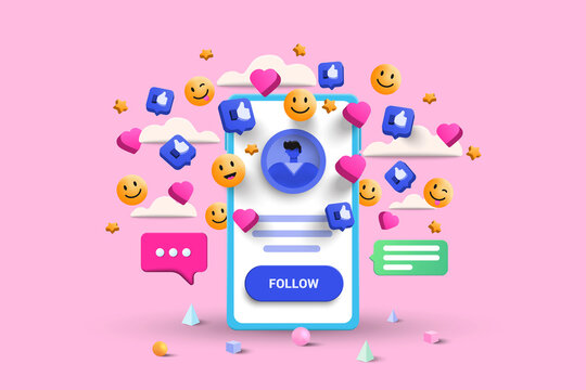 3D Social media platform, online social communication applications concept, emoji, hearts, chat and chart with smartphone background. 3d Vector illustration