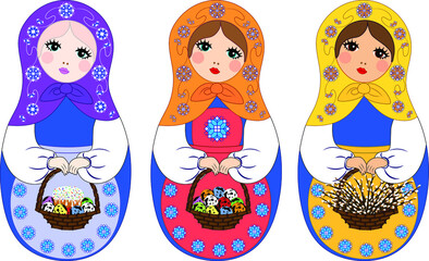Russian doll matryoshka, grandmother's doll. The doll holds a basket with colored eggs, willow twigs and a cake for the Easter holiday. 