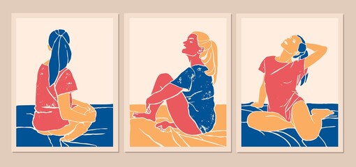 Woman silhouette modern art style. Woman in t shirt in different poses sitting on the blanket. Wall prints. posters, covers.