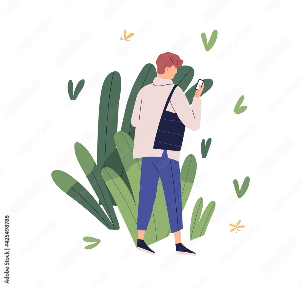 Poster Concept of app user care and friendly usable environment. Person with phone using customer-oriented mobile application. Colored flat vector illustration of client support isolated on white background