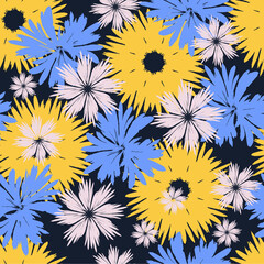 Hand-drawn seamless pattern with floral print. Abstract multi-colored daisies on black background. Vector pattern for printing on fabric, gift wrapping, covers, wallpapers.