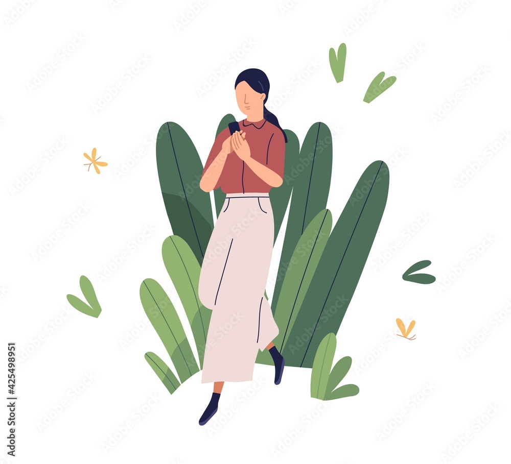 Poster App user care. Concept of positive friendly environment in usable convenient mobile application. Woman using smartphone. Colored flat graphic vector illustration isolated on white background