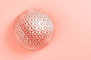 Abstract creative modern gold , coral and white 3D three-dimensional sphere background with collapsing into many different triangles around the layer. 3d illustration.