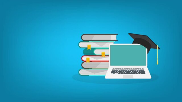 E-learning, online education at home. Concept of webinar, business online training, education on computer or e-learning concept. HD animation.	