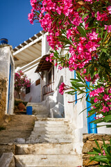 Entrance to traditional whitewashed Greek island house. Old stone stairs, blue doors, pink bougainvillea. Mediterranean lifestyle. Mykonos, Greece.