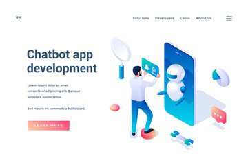 Chatbot app development. Isometric landing page template. Man set up chat bot application on smartphone. Artificial intelligence. Developer works on chatbot app. Programming concept. Vector web banner