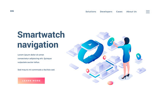 Smartwatch navigation. Landing page template. Woman uses map navigation app in smartwatches with gps tracker to navigate the city. Web banner. Isometric vector illustration