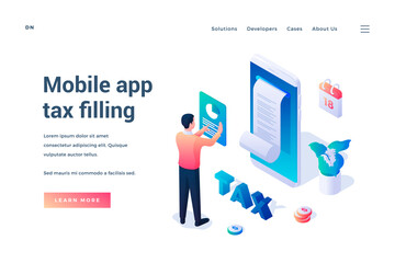 Phone tax filling. Isometric vector illustration. Man standing in front of huge smartphone and filling tax form online using mobile application. Web banner. Landing page template