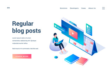 Regular blog posts. Social networking. Isometric vector illustration. Woman sitting in bean bag and working online making content for blog. Landing page template. Web banner