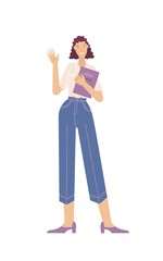 Smiling woman in office clothes waving hello and holding documents flat vector illustration
