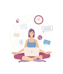 Obraz premium Young calm woman sitting in the lotus pose and relaxing flat vector illustration