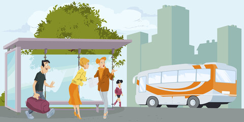 People at bus station. Illustration for internet and mobile website.