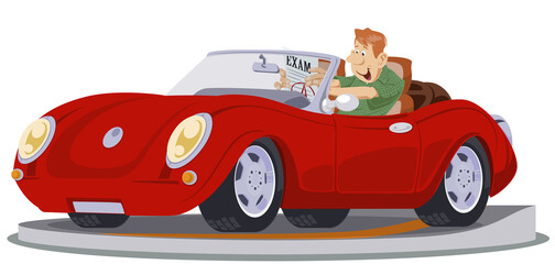 Man drives cabriolet. Male at driving lesson. Driver's license. Illustration for internet and mobile website.