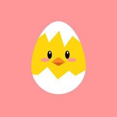 Easter chick with egg. Funny chicken in egg shell isolated on pink background. Cute cartoon character. Vector illustration in flat style