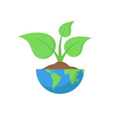 Plant in the globe. Young green sprout of plant in the half of globus. Model of Earth and plant with leaves. Eco sign, nature protection symbol. Flat design. Vector illustration