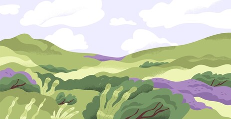 Fototapeta na wymiar Panoramic view of summer nature landscape with grass, hills and flowers in good weather. Scenic panorama of green meadow and sky horizon with clouds. Flat vector illustration of rural scene
