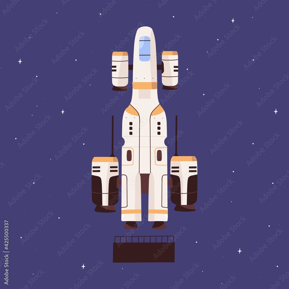 Poster futuristic spaceship flying in outer space. intergalactic spacecraft on sky and stars background. sp