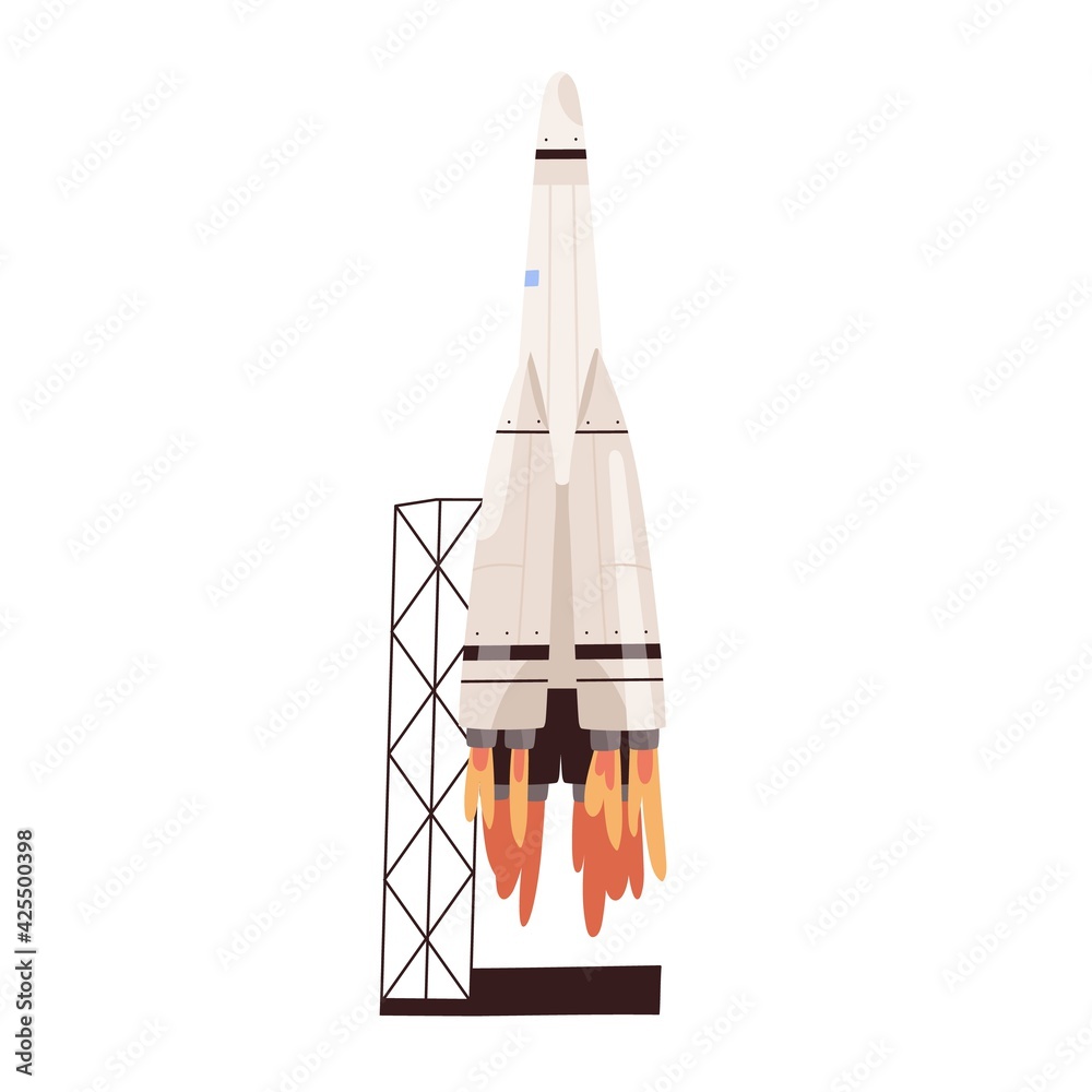 Wall mural rocket shuttle takeoff. rocketship blasting off from spaceport. spaceship launch to outer space or c