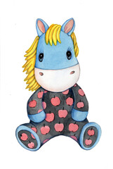 Cute cartoon toy dappled horse, pony. Watercolor hand drawn art, sketch, illustration, icon, print. Isolated on white background.