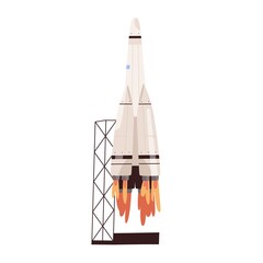 Obraz premium Rocket shuttle takeoff. Rocketship blasting off from spaceport. Spaceship launch to outer space or cosmos. Flat vector illustration of cosmic intergalactic missile isolated on white background
