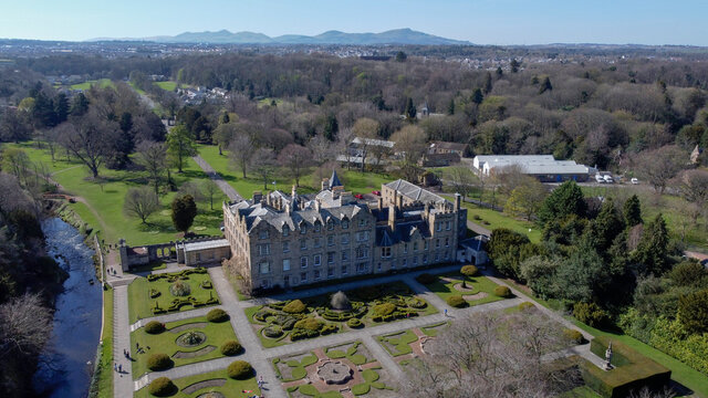Old abbey in Newbattle, Dalkeith, Scotland aerial view