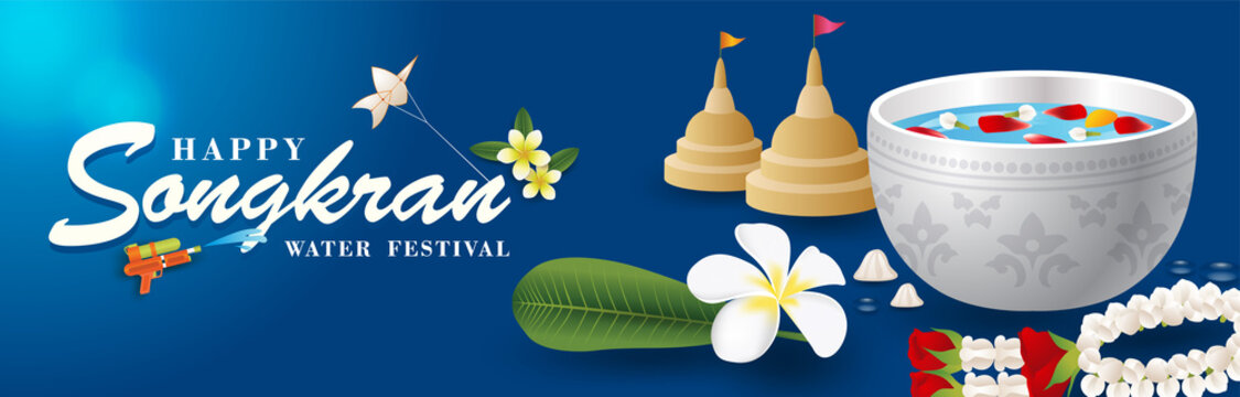 Thailand's Water Festival, Songkran Banner With Water Bowl, Flowers Garland And Sand Pagodas