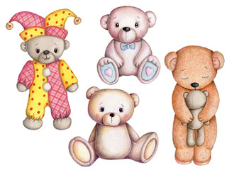 Watercolor hand drawn illustrations of cute  cartoon teddy bears. Isolated on white. Perfect for kids and baby design.