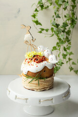 Easter cake kulich. Traditional Easter sweet bread decorated meringue.