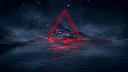 Futuristic fantasy night landscape with abstract landscape and island, moonlight, radiance, moon, neon. Dark natural scene with light reflection in water. Neon space galaxy portal. 3D illustration.  © MiaStendal