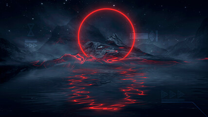 Futuristic fantasy night landscape with abstract landscape and island, moonlight, radiance, moon, neon. Dark natural scene with light reflection in water. Neon space galaxy portal. 3D illustration.  © MiaStendal