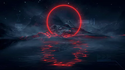 Rollo Futuristic fantasy night landscape with abstract landscape and island, moonlight, radiance, moon, neon. Dark natural scene with light reflection in water. Neon space galaxy portal. 3D illustration.  © MiaStendal