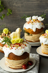 Obraz na płótnie Canvas Easter cake kulich. Traditional Easter sweet bread decorated meringue.